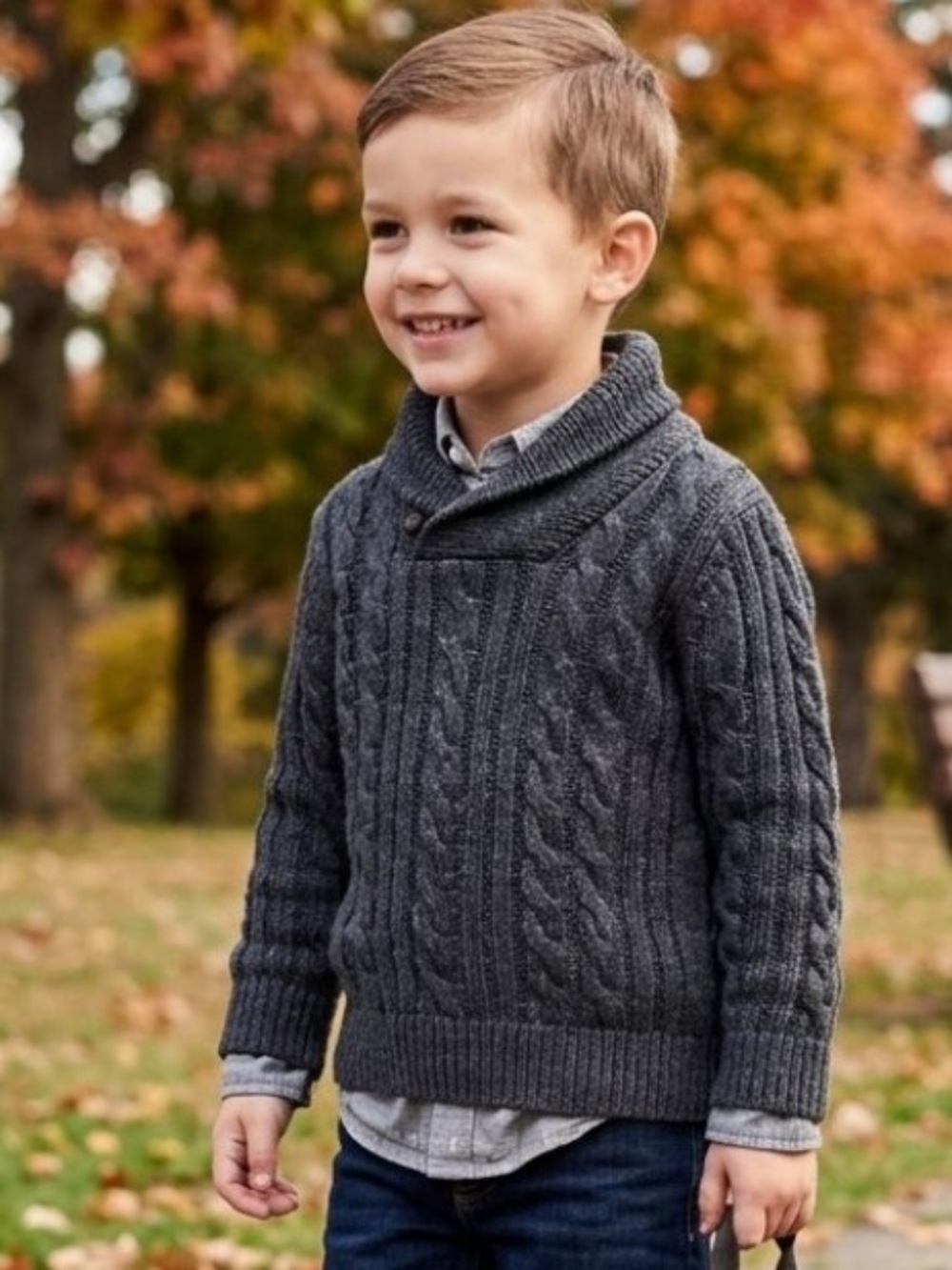 Old Navy Boy’s Cable-Knit Fisherman Sweater Shawl Collar Gray Sz 5T Cozy Preppy